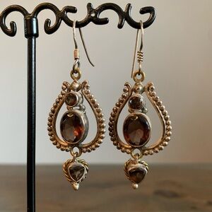 Sterling Silver Earrings Dangle Antique Look Stamped 925 Vtg Smoky Stones Ornate